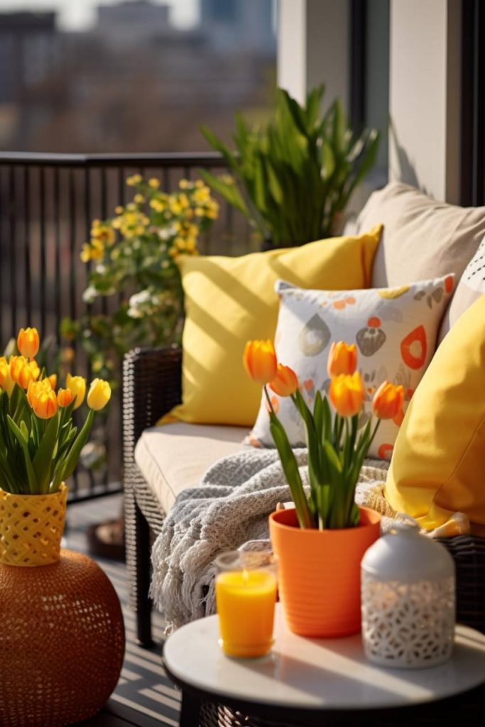 A cozy balcony interior with a wicker sofa, yellow cushions, a gray throw, potted tulips, a lantern and a glass of orange juice on a small table. Plants and a city landscape can be seen in the background.