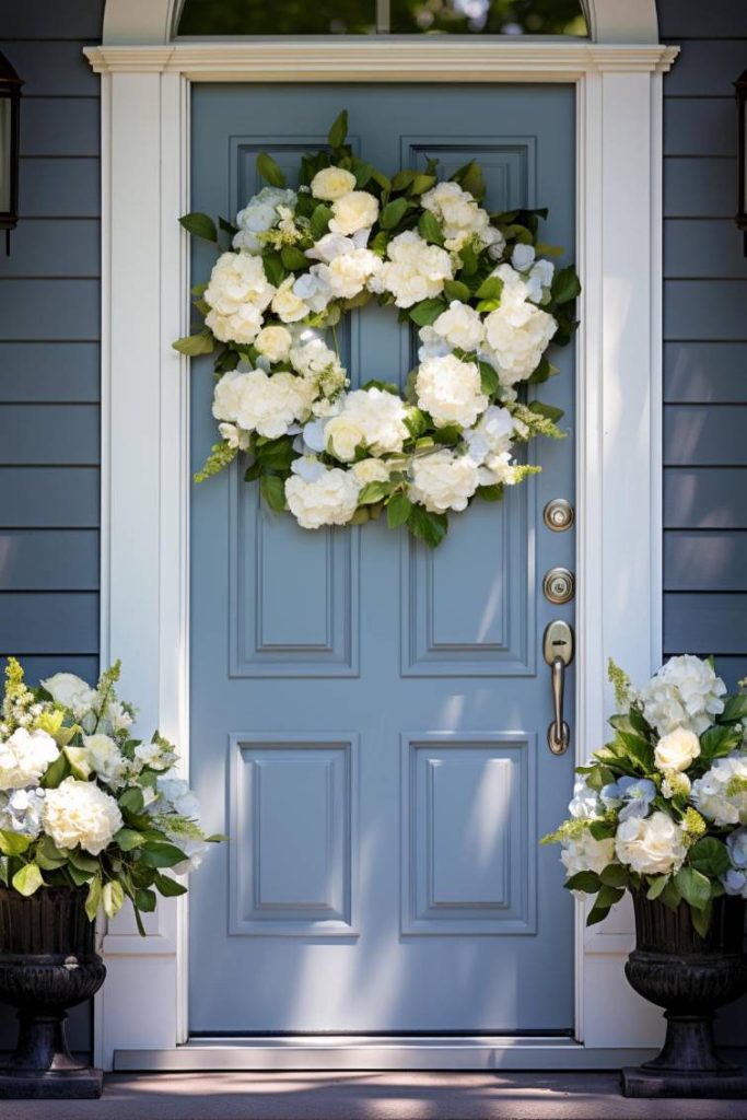 A light blue door with a large white floral wreath. On either side of the door are two black planters with white flowers.