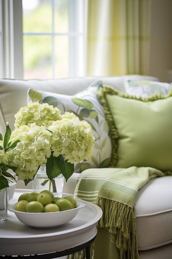 A bowl of green apples and a vase of green and cream hydrangeas on a round table next to a beige sofa with green and floral cushions and a green blanket in front of a window with sheer curtains.