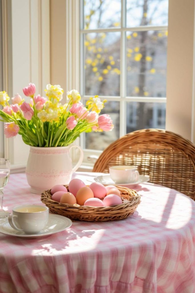 A basket of pastel eggs and a jug of pink and yellow flowers sit on a table with a pink checkered tablecloth. A cup and saucer also sit on the table next to a sunlit window.