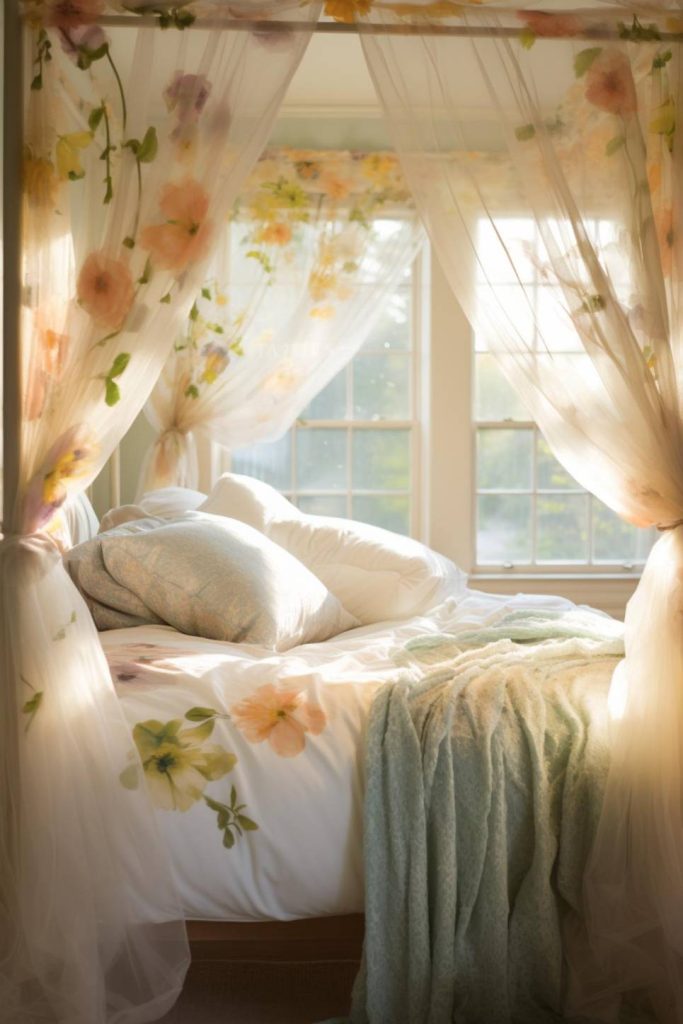 A cozy bed with a floral bedspread and pillows, framed by sheer floral curtains, is bathed in soft natural light through two adjacent windows.