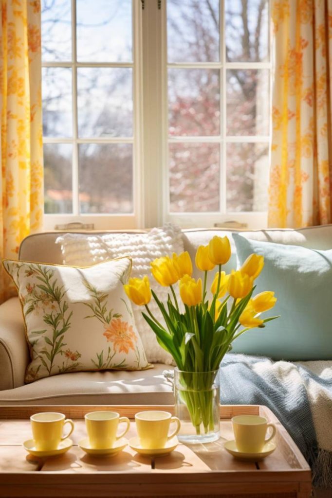 A cozy living room with sunlight streaming through a large window. Yellow tulips in a vase stand on a wooden coffee table with matching yellow teacups. Cushions with floral and pastel colors decorate the sofa.