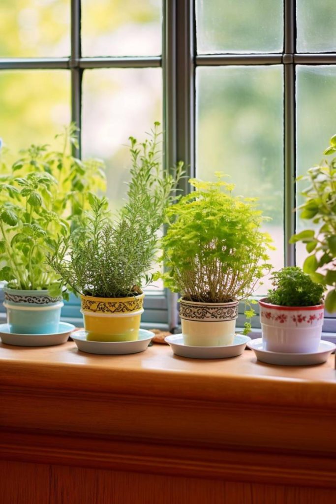 Potted herbs in decorative containers line a sunlit windowsill with visible greenery outside.