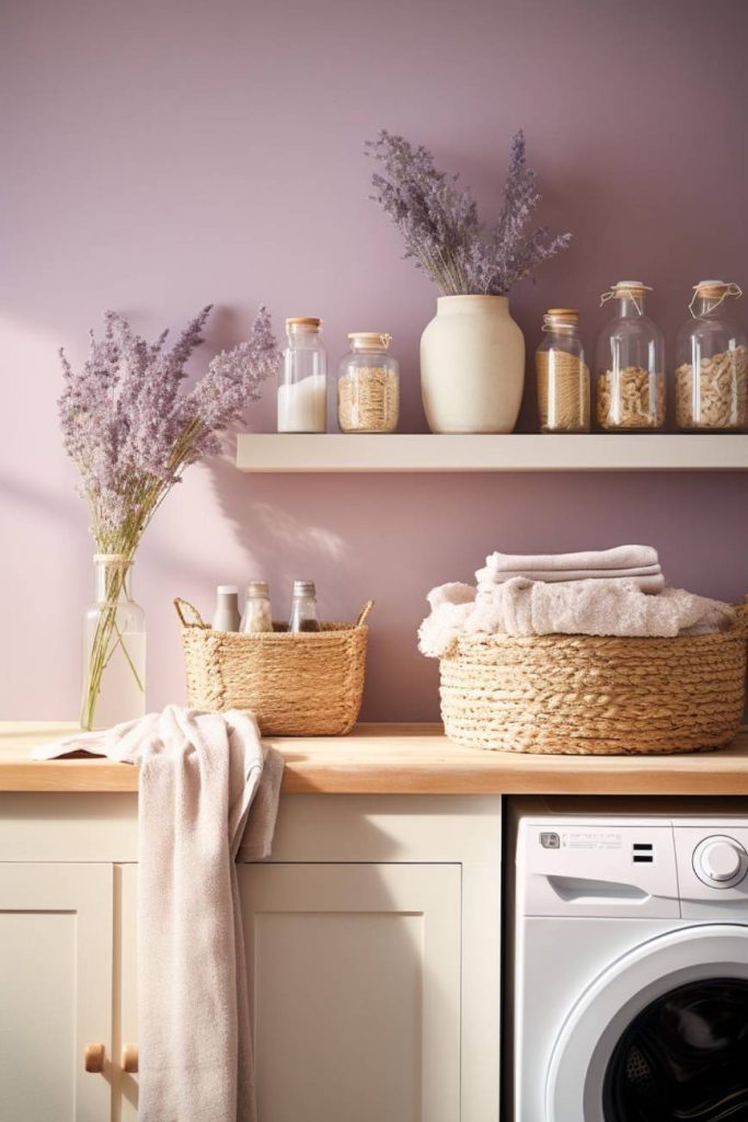 A laundry room with a washing machine, beige cabinets, wicker baskets, glasses and lavender vases in front of a light purple wall.