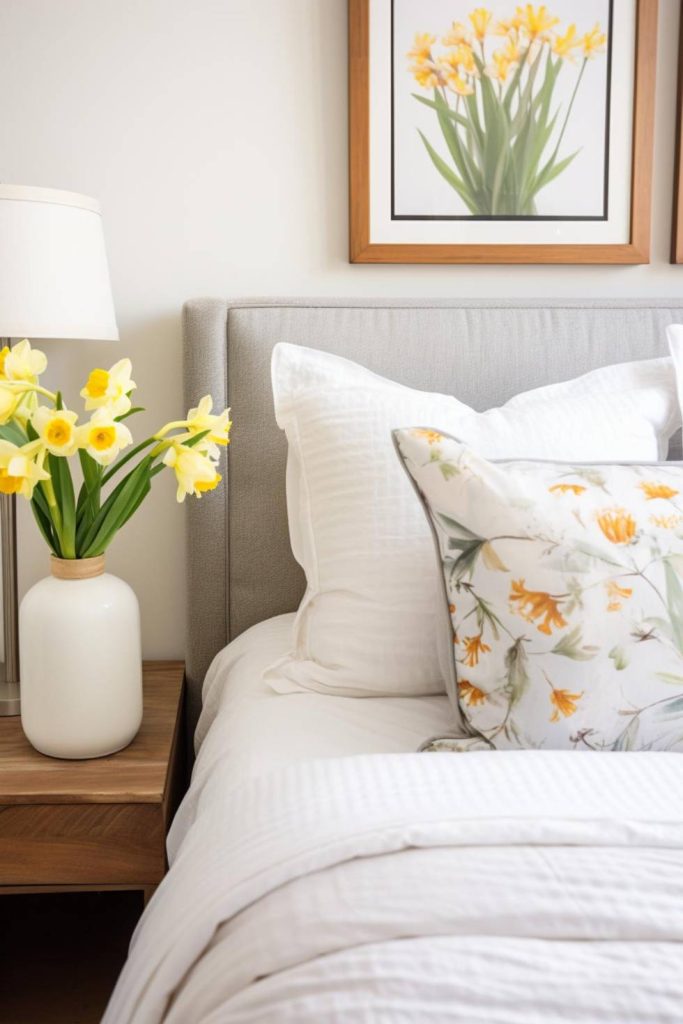 A neatly made bed with white linens stands next to a wooden bedside table with a vase of yellow daffodils on it. A framed picture of daffodils hangs above the bed.