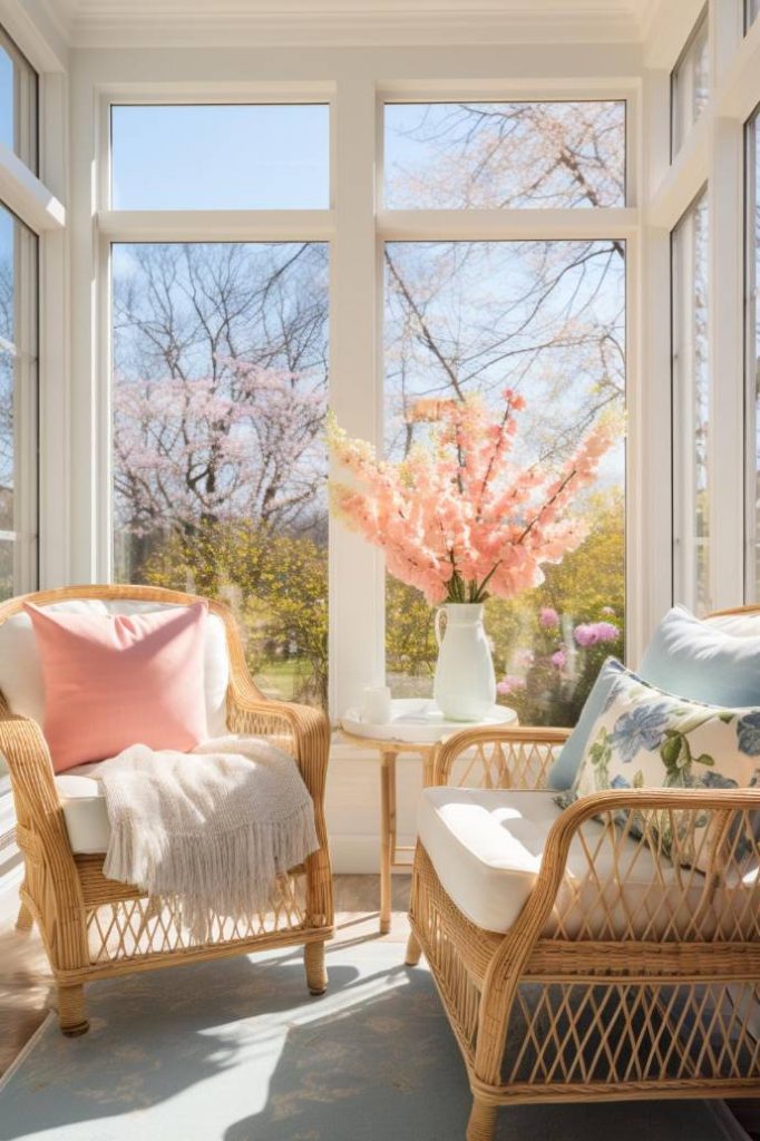 In a sunlit room with large windows, two wicker chairs, one with a pink pillow and a beige throw and the other with a floral pillow, stand next to a small table with a vase of pink flowers on it.