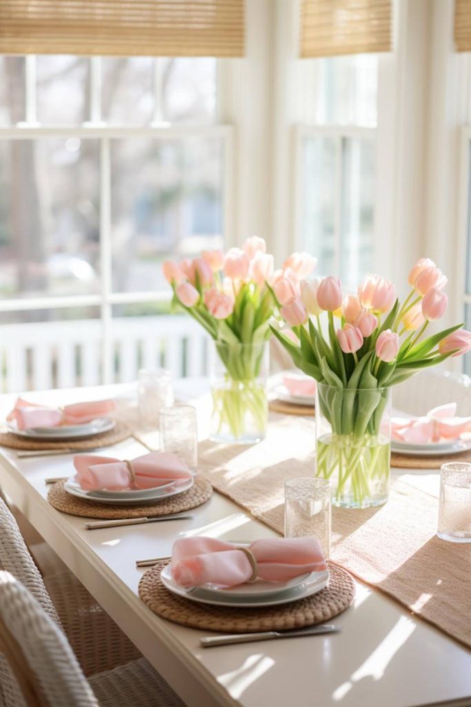 A dining table with white plates, pink napkins and clear glasses decorated with vases of pink tulips in a well-lit room with large windows.