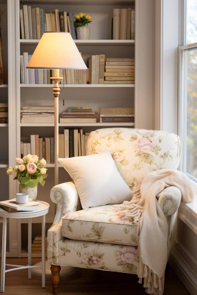 A cozy reading corner with a floral armchair, a pillow and a blanket next to a small table with a cup of coffee and flowers. A floor lamp illuminates the room, and in the background there is a bookshelf full of books.