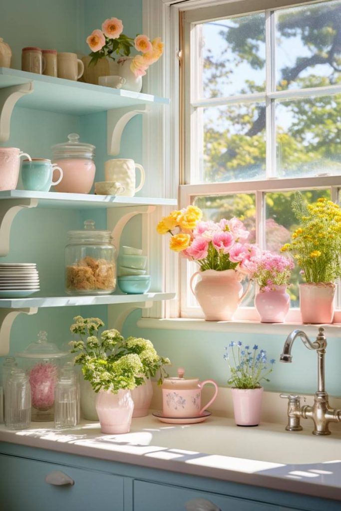 A sunlit kitchen with light blue walls and white shelves with pastel vases with flowers, a pink teapot, cups, glasses and plates. A large window looks out onto the greenery outside.