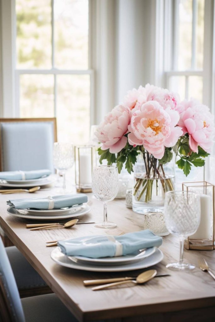 A dining table set with light blue napkins, crystal glassware, white plates, gold utensils and a vase of pink peonies as the centerpiece, with natural light coming through nearby windows.