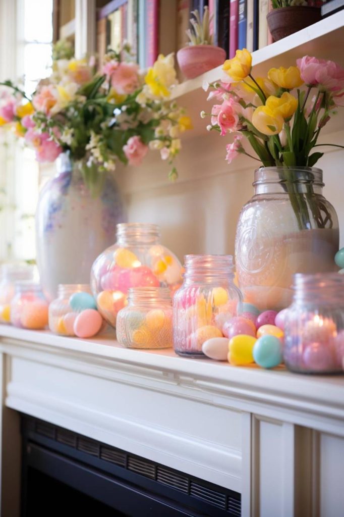 A mantel decorated with jars full of pastel Easter eggs, candles and vases filled with pink, yellow and white flowers.