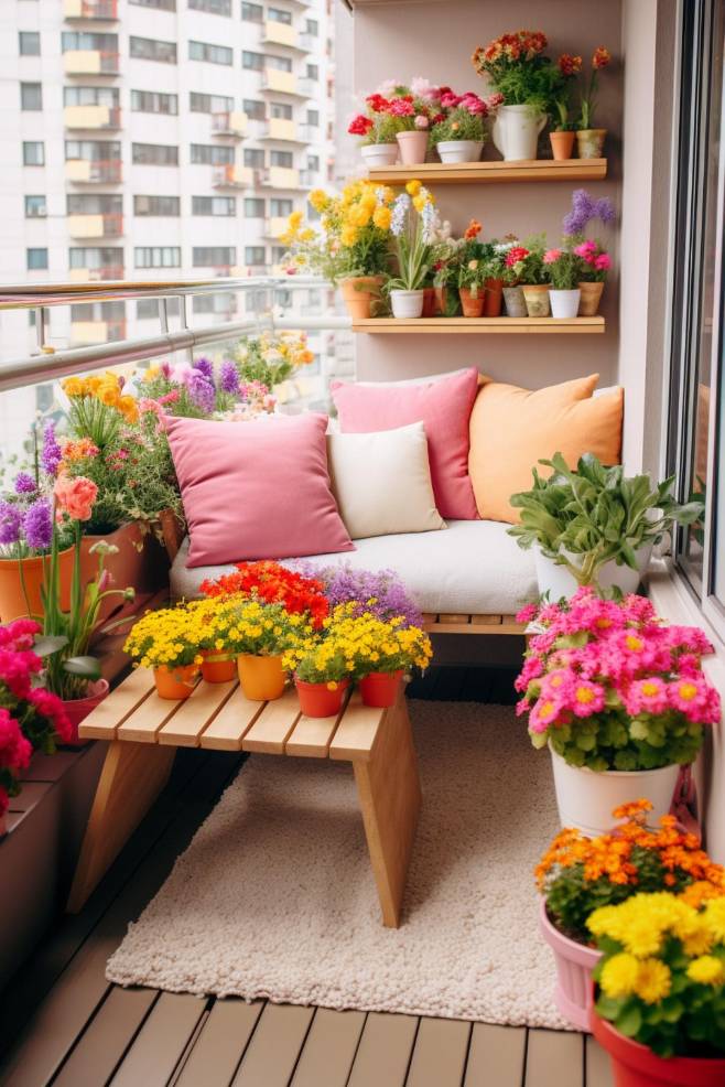 A balcony with a cushioned bench and a wooden table surrounded by various colorful potted flowers on shelves and the floor. Apartments can be seen in the background.