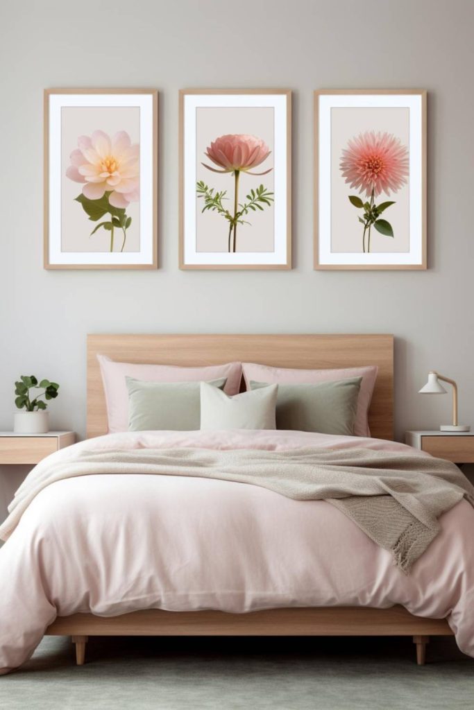 A neatly made bed with pink linens and a soft beige blanket, flanked by two white bedside tables with lamps. Three framed floral prints hang on a light gray wall above the bed.