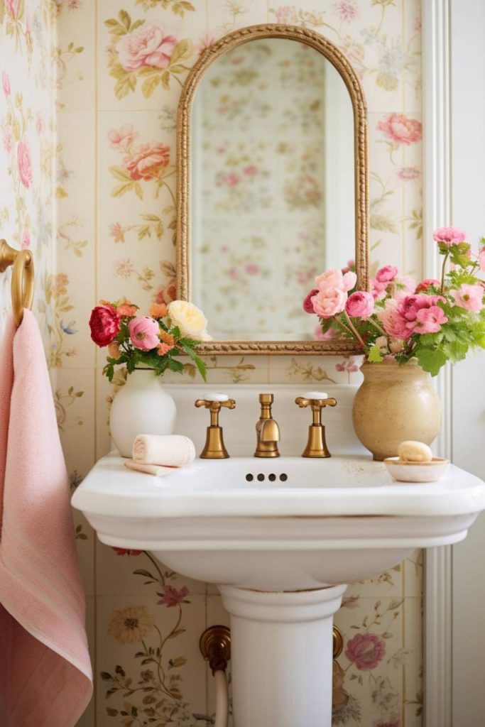 A small bathroom with a vintage sink and brass fixtures decorated with floral wallpaper. There are pink and yellow flowers in vases on the sink and a pink towel hanging on the side.