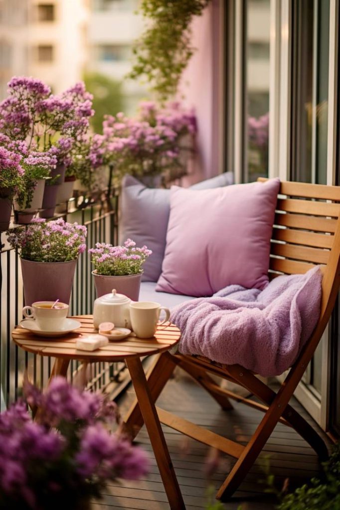 A small balcony with wooden furniture, purple flowers in pots, a cozy chair with pillows and a blanket, and a round table with a teapot, cups and a plate of macarons.