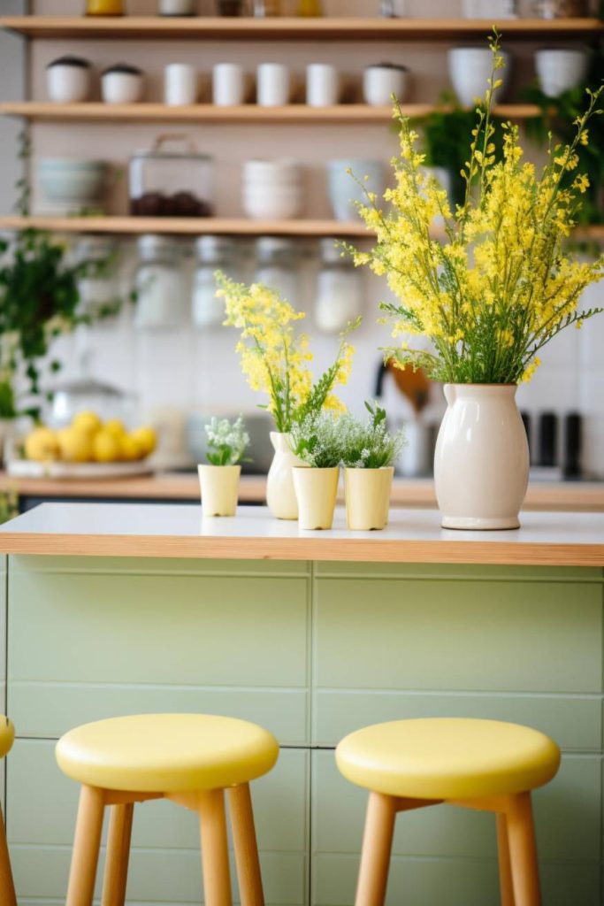 A kitchen with light green cabinets and yellow stools, yellow flowers in vases on the countertop and shelves with various kitchen utensils in the background.