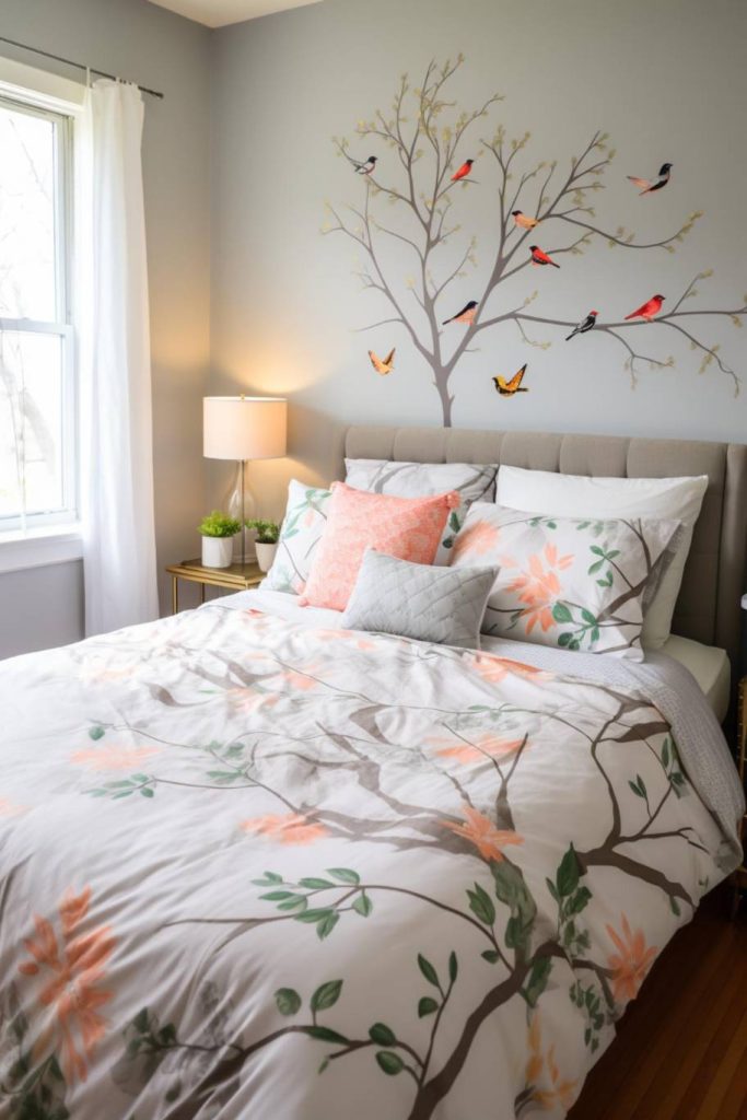 A bedroom with a bed furnished with a nature-themed duvet and pillows. There is a wall decal with a tree and birds above the headboard. Next to the bed there is a bedside table with a lamp and plants.