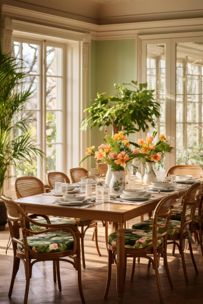 A wooden dining table set for a meal with floral chairs, floral centerpieces and tableware in a sunlit room with large windows and houseplants.