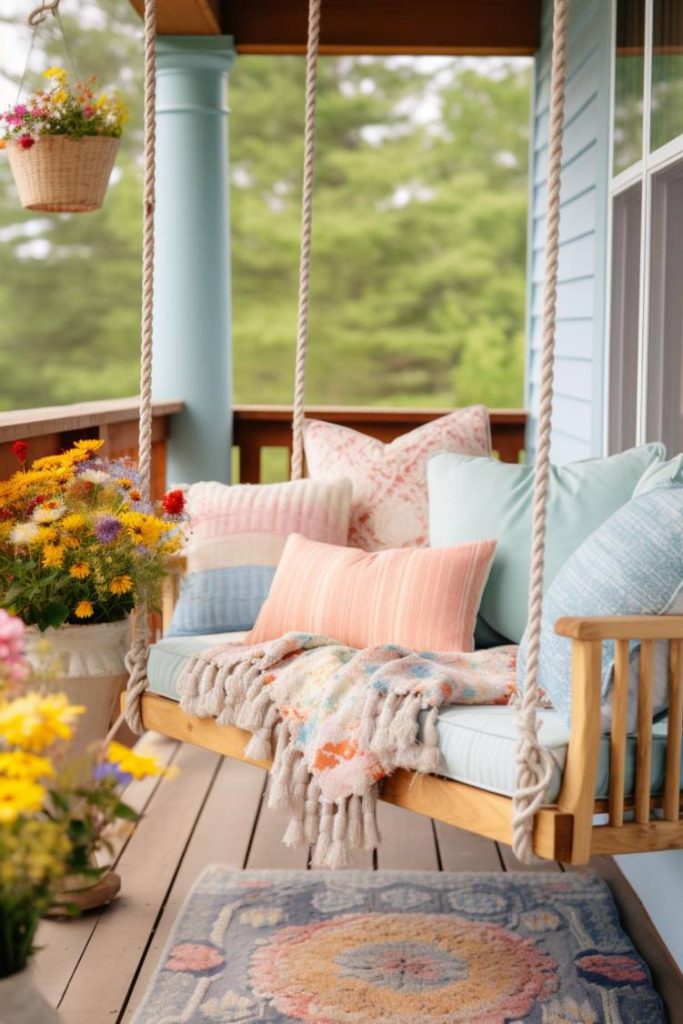 A wooden porch swing with colorful cushions and a patterned blanket surrounded by bright flowers and overlooking the green outdoor view.