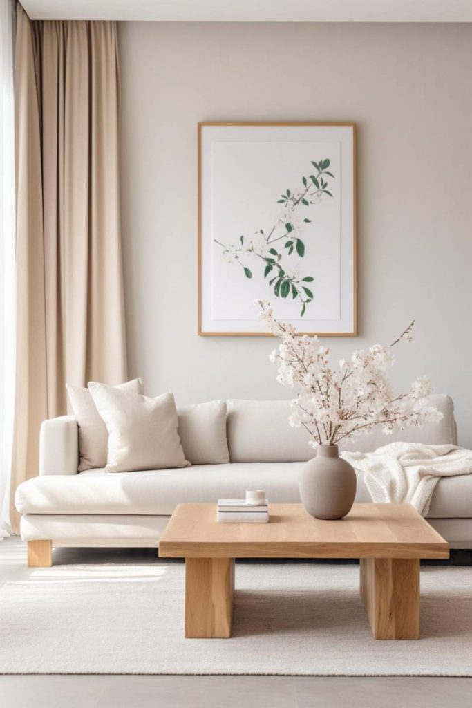 Minimalist living room with a beige sofa, a wooden coffee table and a vase with white flowers. A framed botanical print hangs on the wall and beige curtains cover the window.