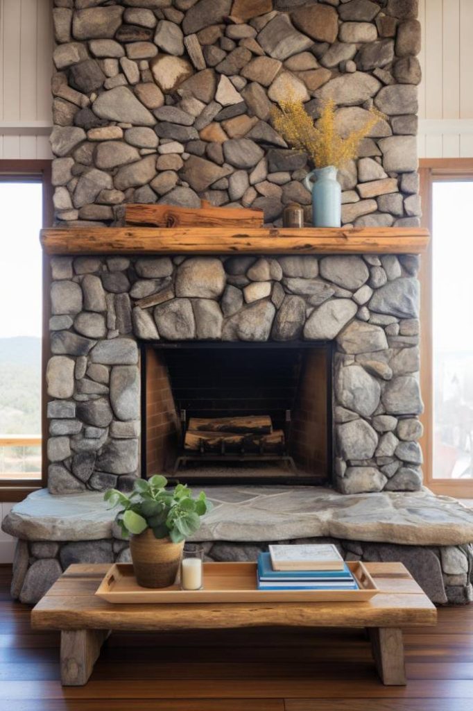 A stone fireplace with a wooden mantel decorated with a vase and branches. In front of it there is a plant, books and a candle on a wooden coffee table. Two windows frame the fireplace.