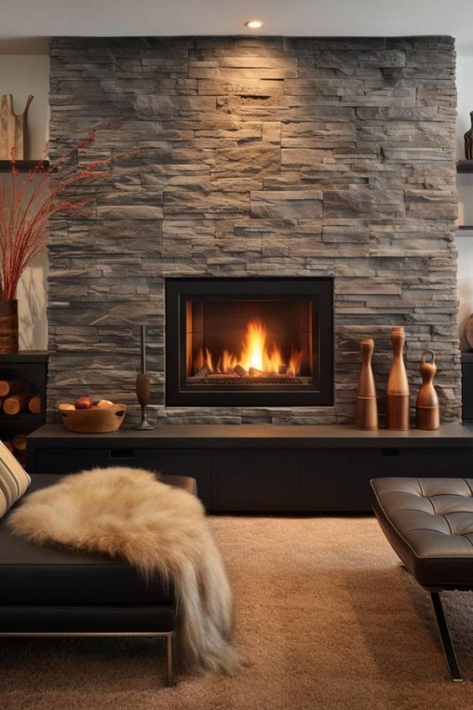 A modern living room with a stone fireplace, a black sofa with a fur throw, wooden decorative items and a shelf lined with logs. The fire is lit and creates a warm and cozy atmosphere.