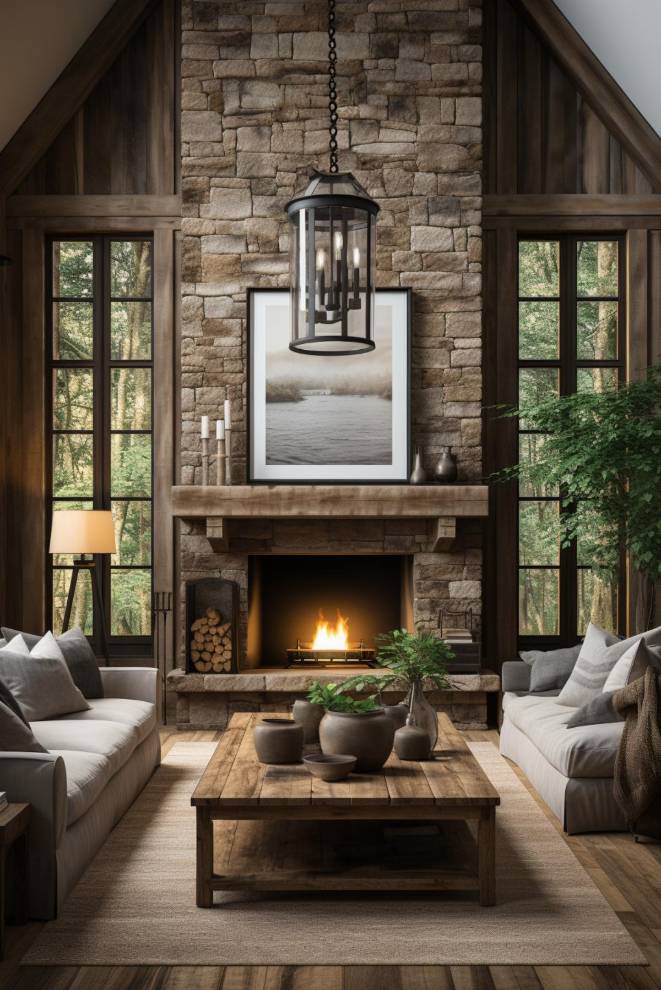 A cozy living room with a stone fireplace, beamed ceilings, two sofas, a wooden coffee table and <a href=