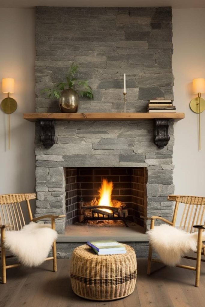 A cozy living room scene with a stone fireplace, two wooden chairs with white cushions, a wicker coffee table and a wooden mantel decorated with books, a vase and a candle.