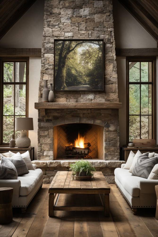 A rustic living room features a stone fireplace with a roaring fire flanked by two windows. There is a wooden coffee table between two white sofas. A framed nature picture hangs above the fireplace.