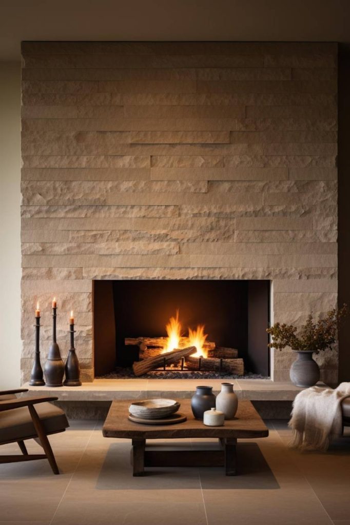 A modern fireplace with a burning fire surrounded by a stone wall. In the front there is a wooden coffee table with vases and cups, flanked by chairs and a blanket. On the left there are candles on black holders.