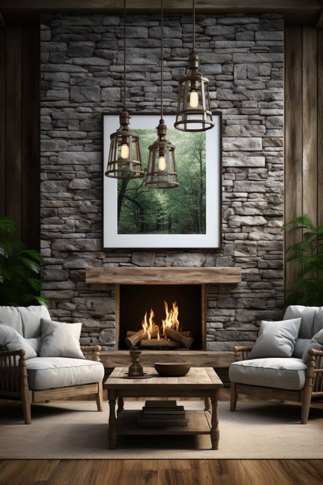 A cozy living room with a stone fireplace, two upholstered chairs, a wooden coffee table and hanging pendant lights. A framed forest photo hangs above the mantel.