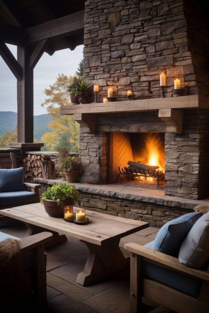 Outdoor stone fireplace on a covered patio with lit candles and potted plants on the mantel and table. Cozy seating surrounds the area against a picturesque backdrop.