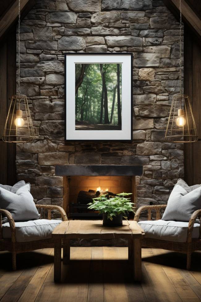 Cozy living room with stone fireplace, two upholstered chairs, wooden coffee table and framed nature picture on the wall. Two pendant lights hang on either side of the fireplace.