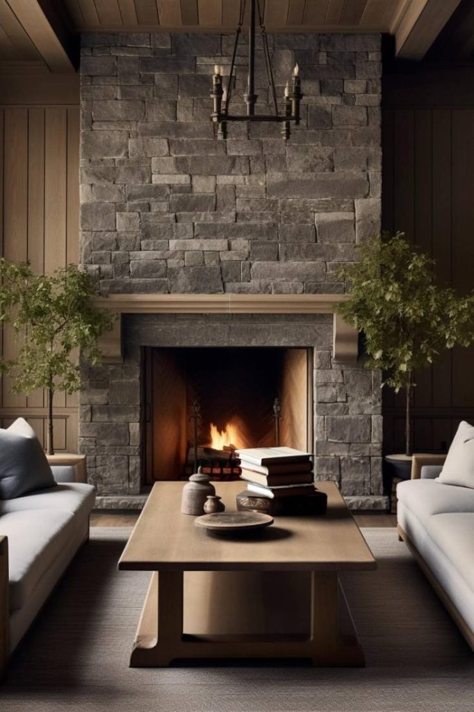 A cozy living room with a stone fireplace, a wooden coffee table with books, two white sofas and potted plants on either side of the fireplace.