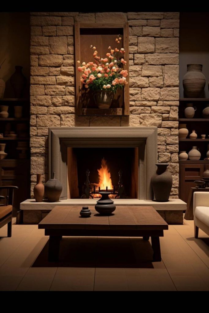 Cozy living room with stone fireplace, wooden coffee table and various pottery. A flower painting hangs above the burning fireplace.