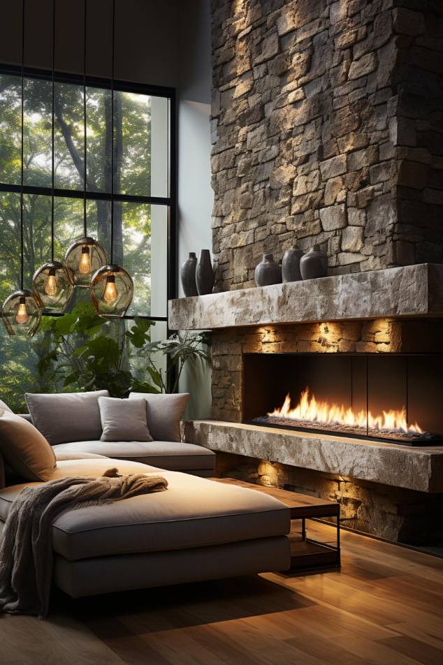 A cozy living room features a stone fireplace with a burning fire, a large window overlooking the greenery, a chaise longue with pillows and a blanket, and hanging pendant lights.