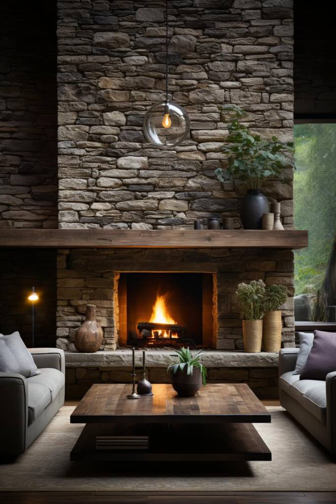 A cozy living room features a stone fireplace, a wooden coffee table with plants and decor, and two gray sofas. A warm fire burns in the fireplace and a pendant light hangs above the scene.