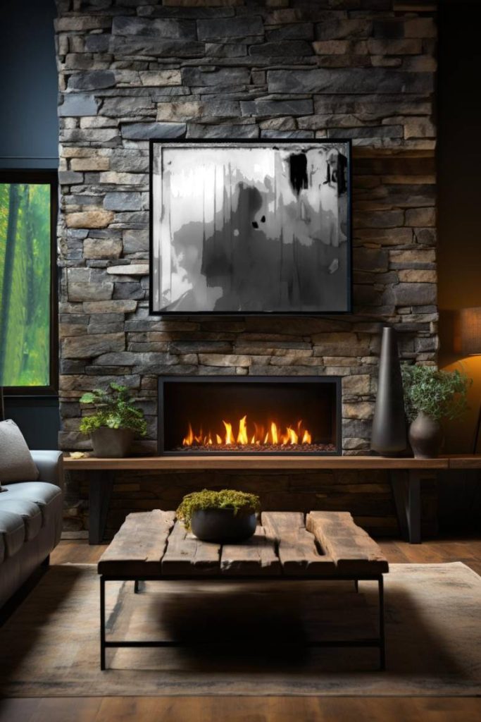 A modern living room with a stone wall, a burning fireplace, a wooden coffee table with a green plant on it and an abstract black and white painting above the fireplace.