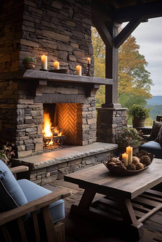 A cozy outdoor patio with a fire-lit stone fireplace surrounded by wooden furniture. Candles are placed on the mantel and table, with trees and hills visible in the background.