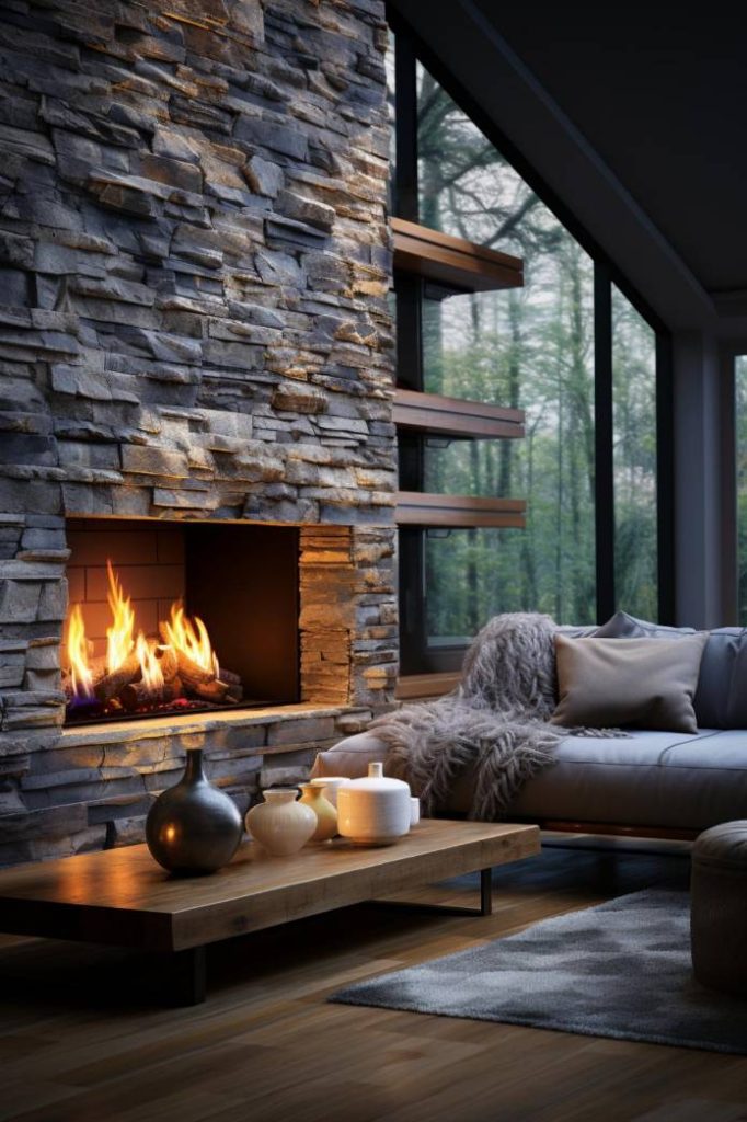 A modern living room with a stone fireplace, upholstered seating, a blanket, shelves and a coffee table with decorative items. Large windows provide a view of the forest.