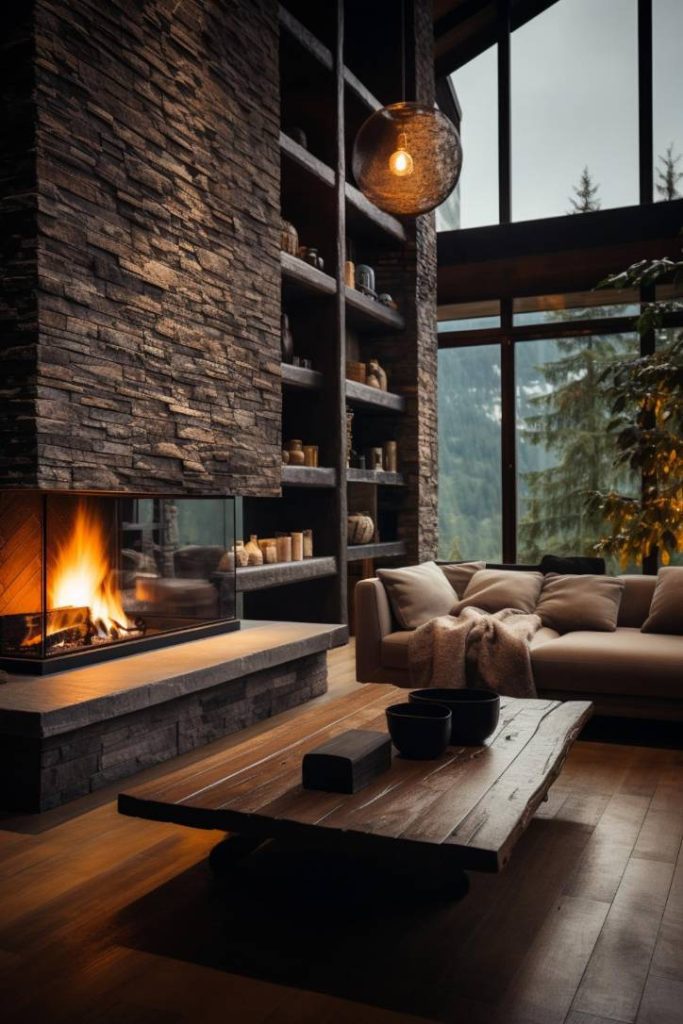 A cozy living room with a stone fireplace, burning fire, a large wooden coffee table and a modern sofa. Tall windows offer views of the trees outside. Warm light enhances the inviting atmosphere.