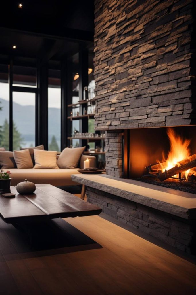 A modern living room with a stone fireplace, a wooden coffee table and a couch with cushions. Large windows provide a view of the trees and mountains in the background.