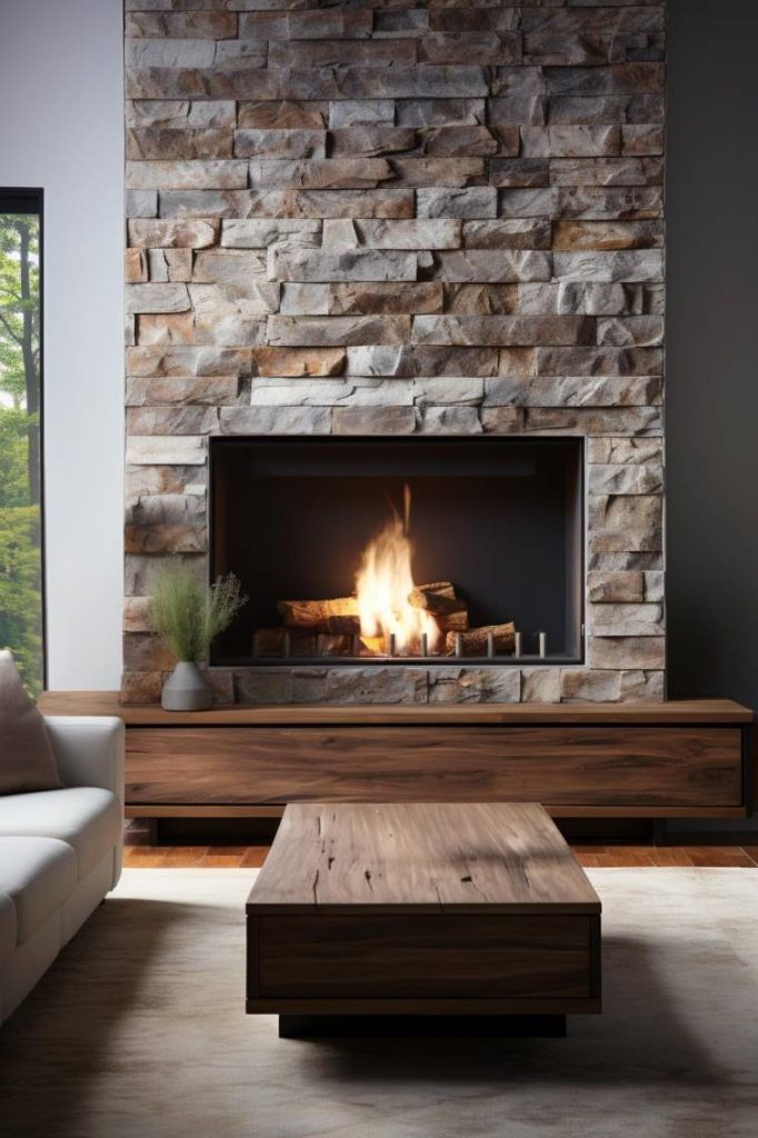 Modern living room with stone fireplace, burning fire, wooden furniture and a potted plant. Minimalist decor with neutral tones.