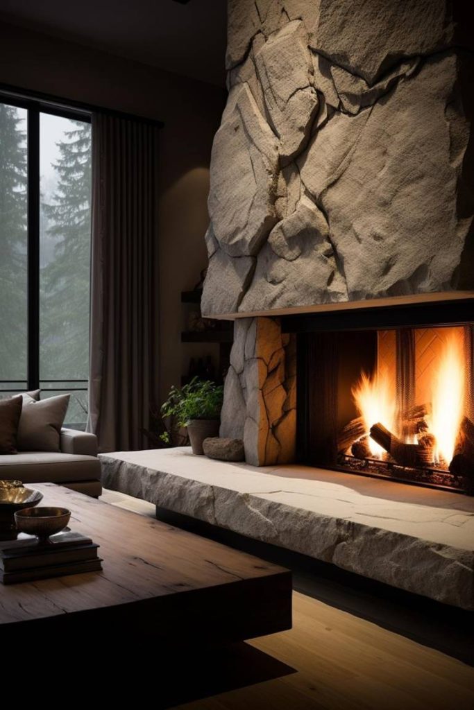 A cozy living room with a large stone fireplace and a roaring fire. At the front there is a wooden coffee table and a sofa, and a window with drawn curtains offers a view of the outdoors.