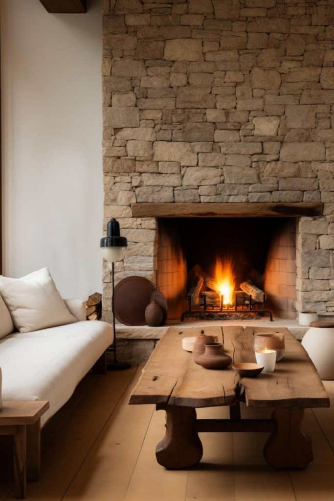 Cozy living room with a stone fireplace, wooden coffee table, ceramic decor and a white upholstered bench. The fireplace is lit and creates a warm atmosphere.