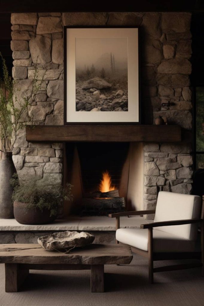 A stone fireplace with a burning fire framed by a wooden mantel with a landscape photo. In the foreground are a white upholstered chair, a low wooden table with a decorative bowl and potted plants.