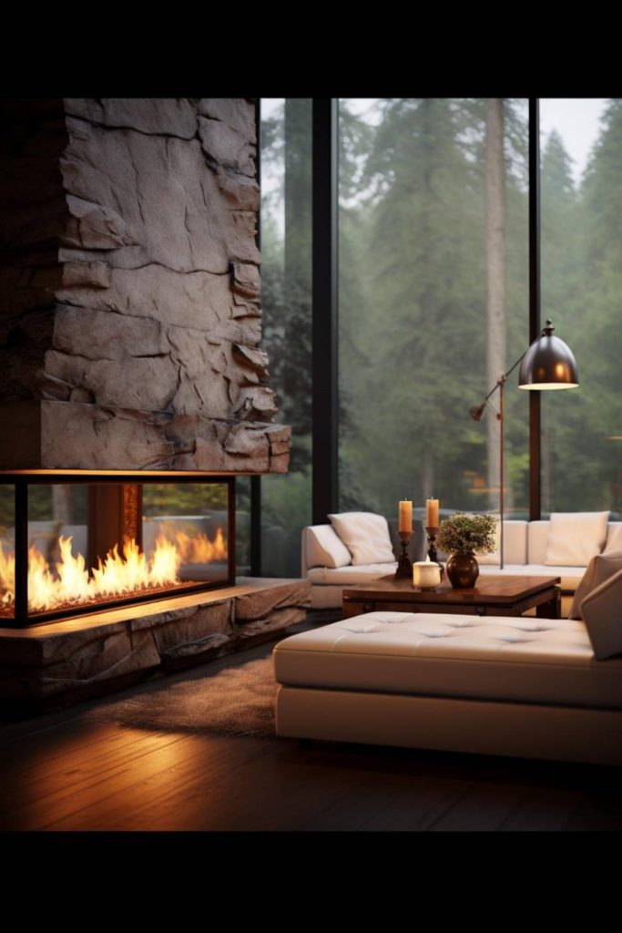 A modern living room with a stone fireplace, large windows overlooking the forest, white furniture, a wooden coffee table with candles and a potted plant.