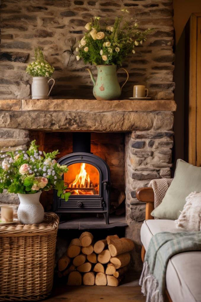 A cozy living room with a small fireplace, wood storage and a stone mantel decorated with flowers in vases. Nearby is a wicker basket with flowers and an upholstered chair.