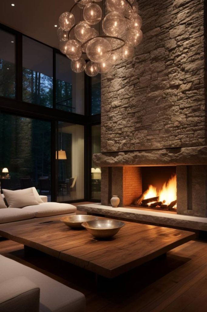 A modern living room features a large stone fireplace, a low wooden coffee table, white sofas and a chandelier with orb-shaped lights. The room has large windows overlooking the trees outside.