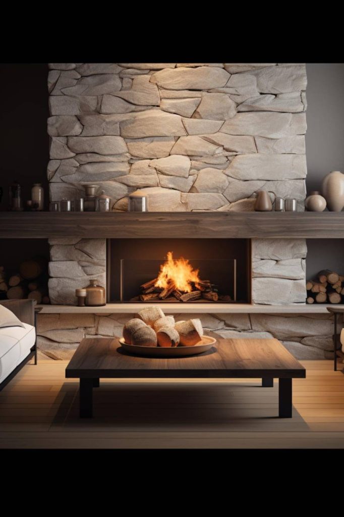 A cozy living room features a burning fireplace in a stone wall, a wooden coffee table with a bowl of logs and a modern sofa to the side. Various decorative items and logs are displayed on the shelves.